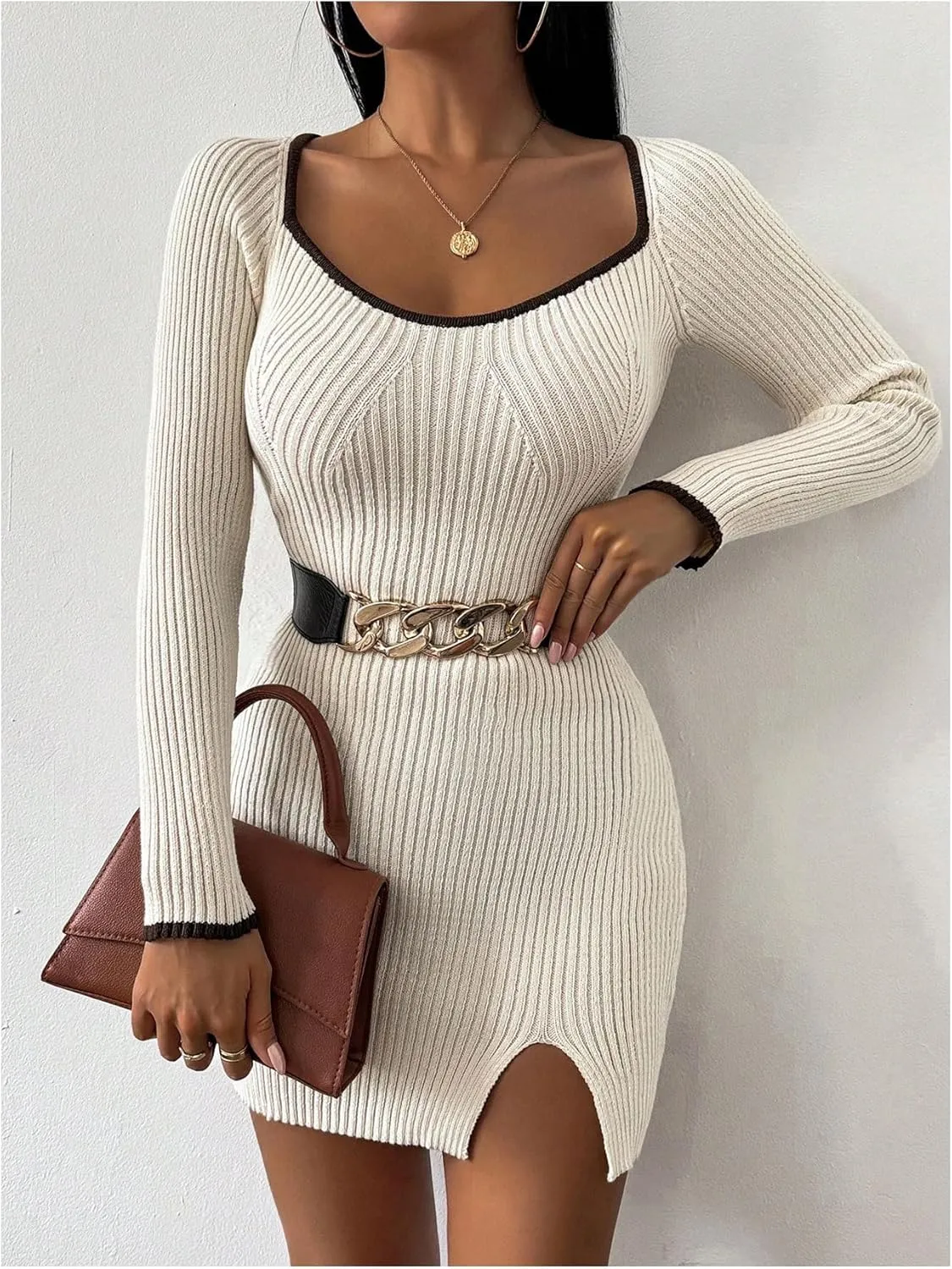 MakeMeChic Women's Scoop Neck Sweater Dress Long Sleeve Split Bodycon Short Mini Dresses