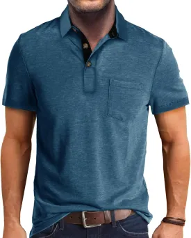 Mens Polo Shirts Casual Fashion T-Shirts Short Sleeve Button Up Golf Shirts Tops with Pocket