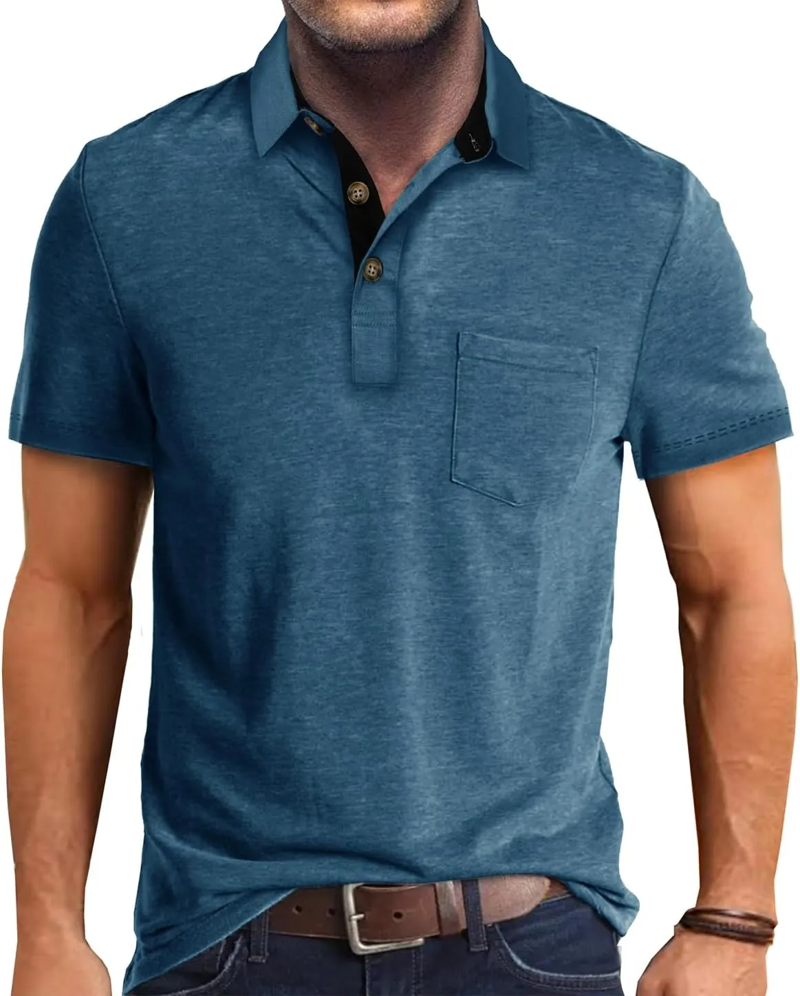 Mens Polo Shirts Casual Fashion T-Shirts Short Sleeve Button Up Golf Shirts Tops with Pocket