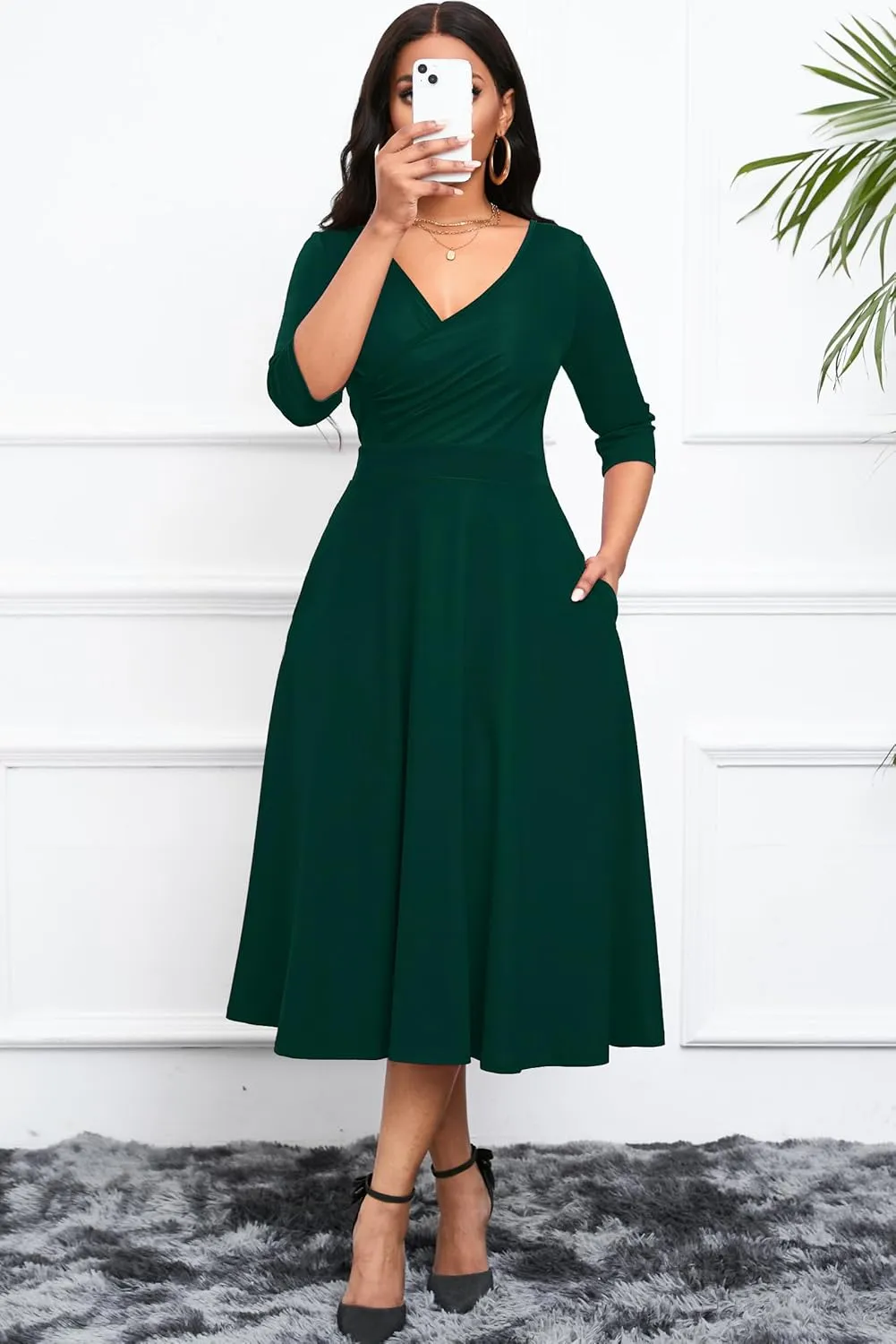 Nmoder Women's Casual Wrap Flared Midi Dress Wedding Guest Cocktail Tea Dresses A-Line Swing V-Neck 3/4 Sleeve