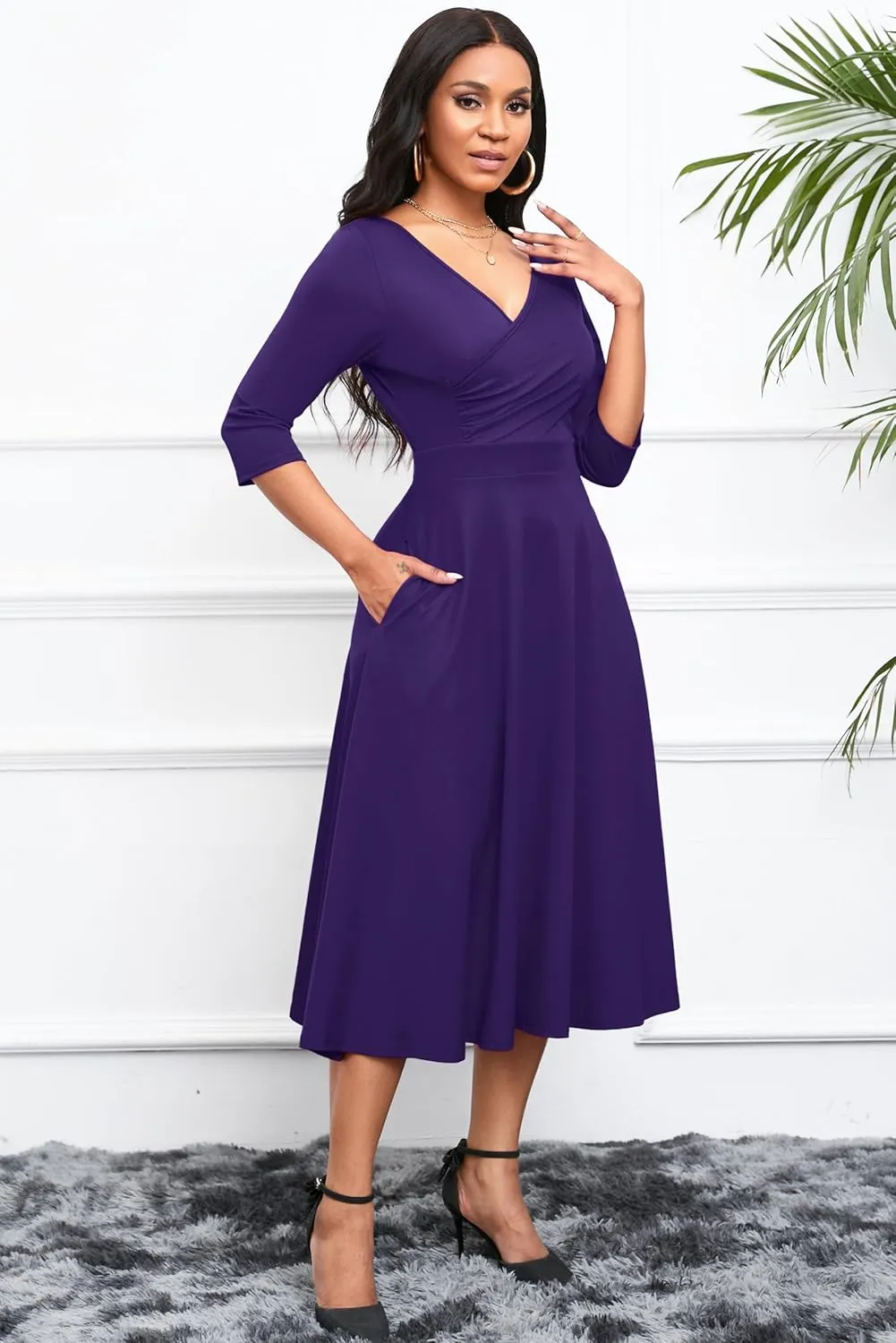 Nmoder Women's Casual Wrap Flared Midi Dress Wedding Guest Cocktail Tea Dresses A-Line Swing V-Neck 3/4 Sleeve