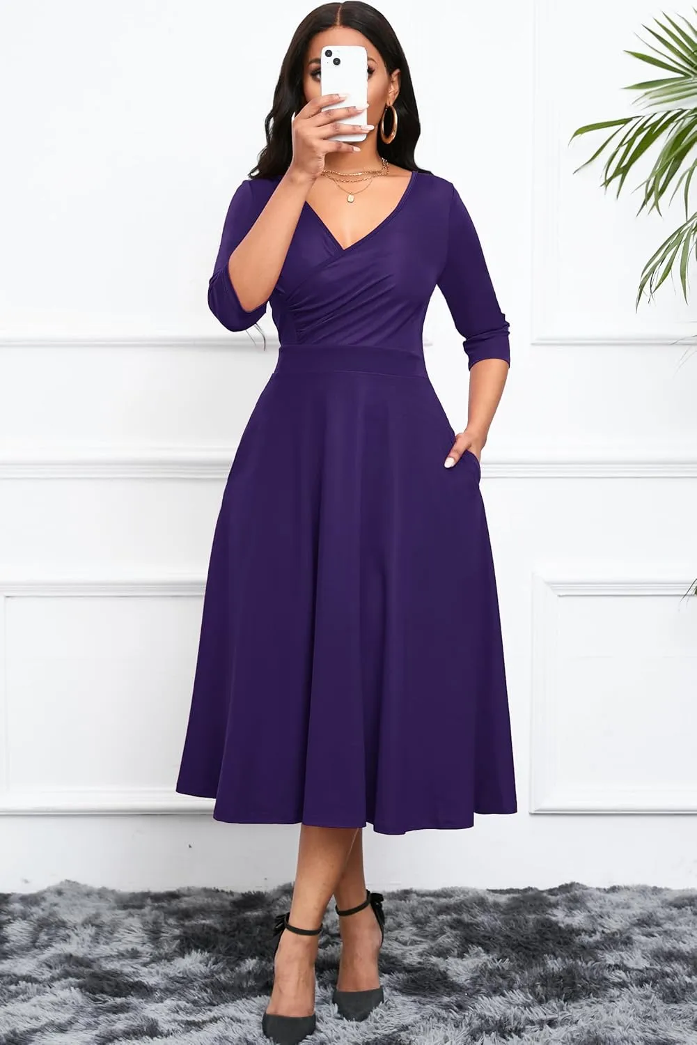 Nmoder Women's Casual Wrap Flared Midi Dress Wedding Guest Cocktail Tea Dresses A-Line Swing V-Neck 3/4 Sleeve