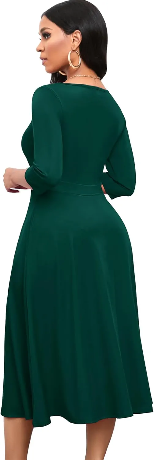 Nmoder Women's Casual Wrap Flared Midi Dress Wedding Guest Cocktail Tea Dresses A-Line Swing V-Neck 3/4 Sleeve