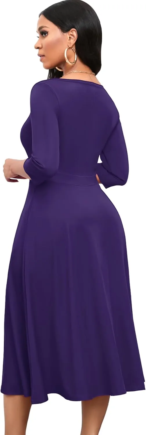 Nmoder Women's Casual Wrap Flared Midi Dress Wedding Guest Cocktail Tea Dresses A-Line Swing V-Neck 3/4 Sleeve