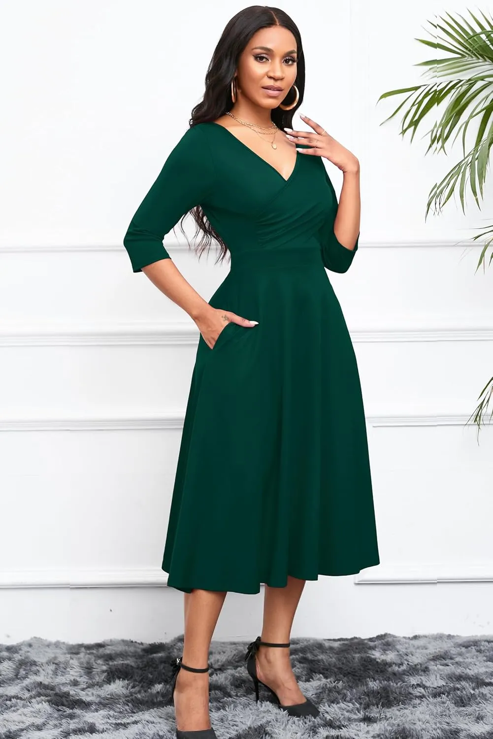 Nmoder Women's Casual Wrap Flared Midi Dress Wedding Guest Cocktail Tea Dresses A-Line Swing V-Neck 3/4 Sleeve
