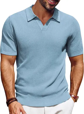 PJ PAUL JONES Men's Polo Shirts Short Sleeve V-Neck Ribbed Polo Shirt Casual Breathable Knit Polo
