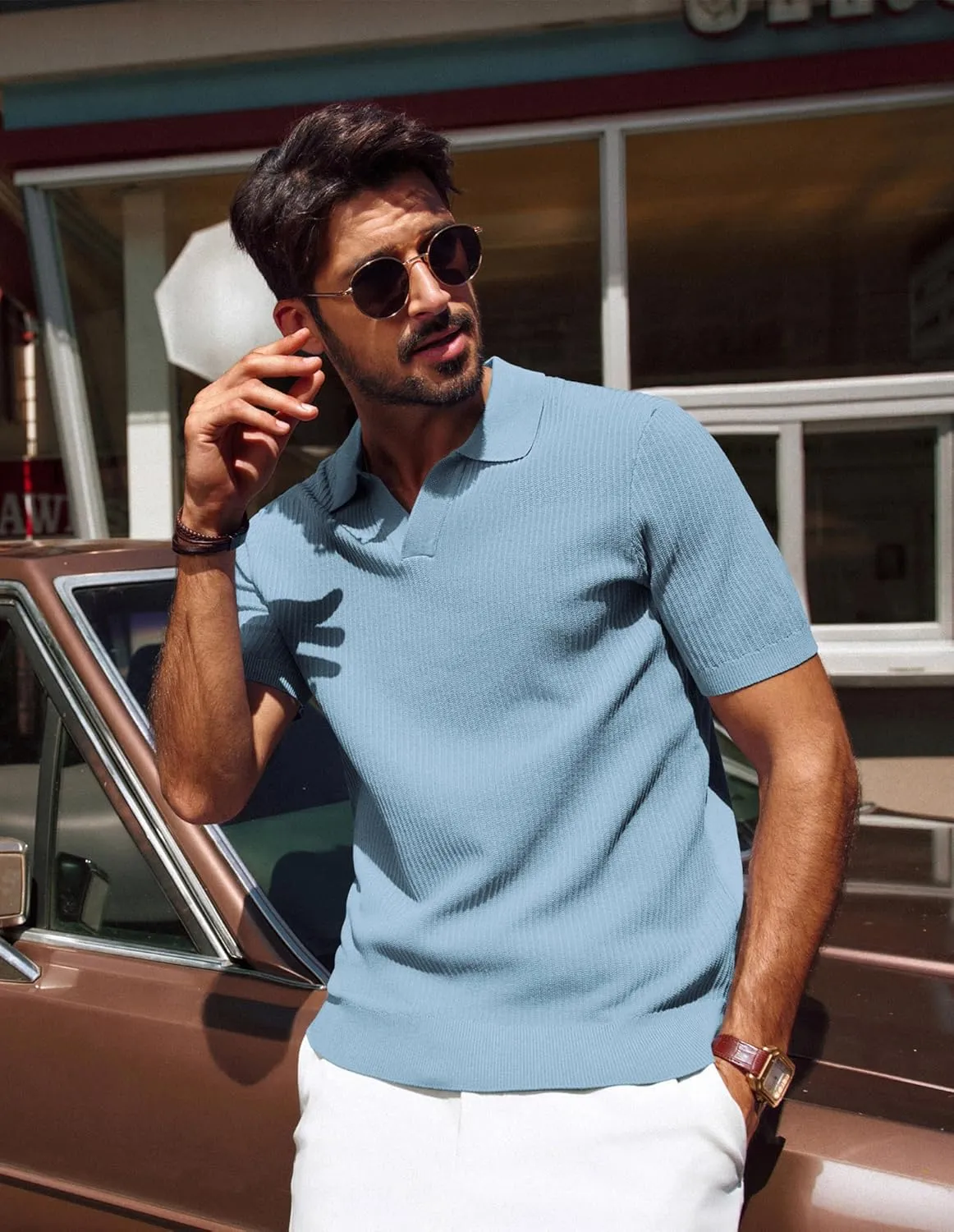 PJ PAUL JONES Men's Polo Shirts Short Sleeve V-Neck Ribbed Polo Shirt Casual Breathable Knit Polo