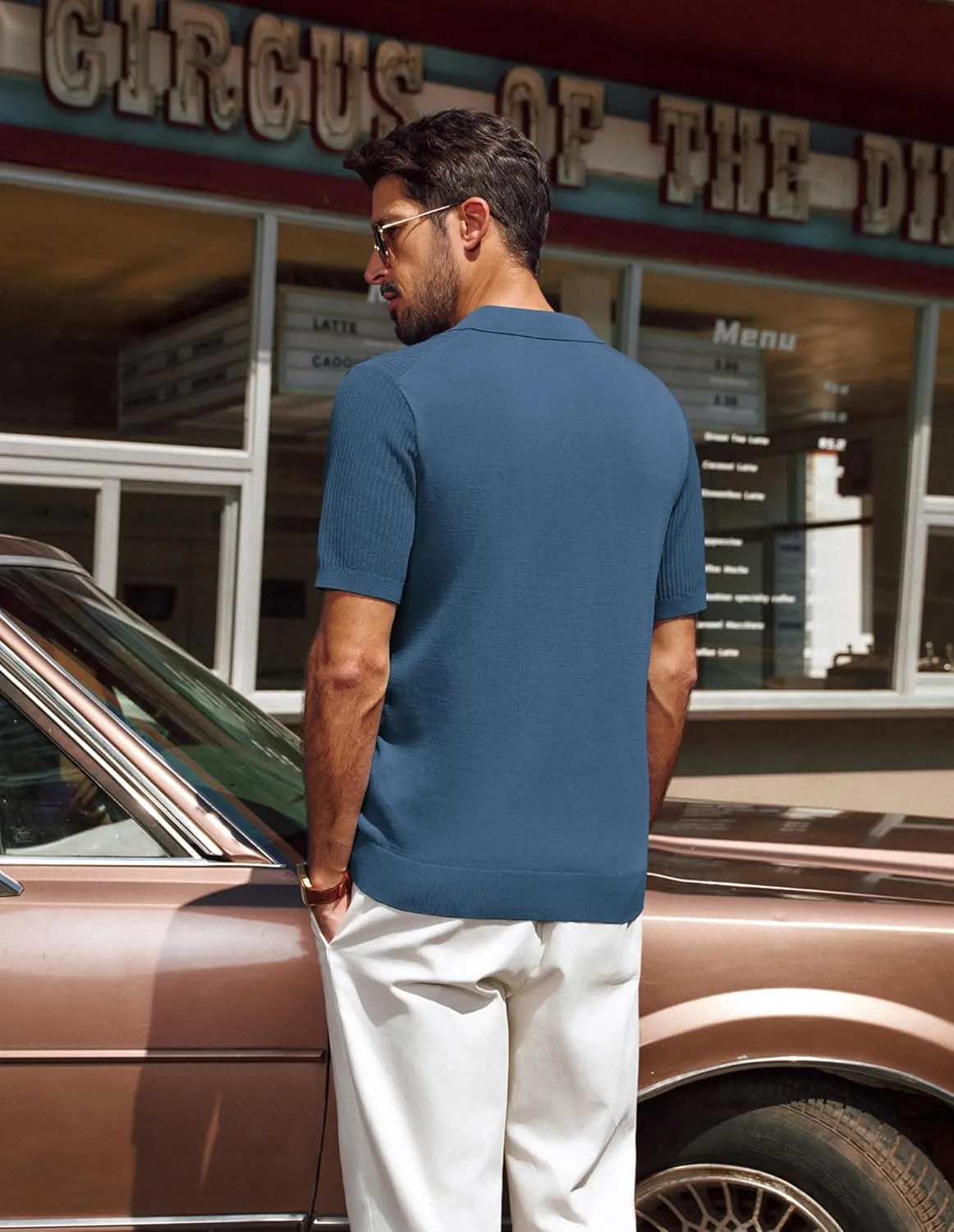 PJ PAUL JONES Men's Polo Shirts Short Sleeve V-Neck Ribbed Polo Shirt Casual Breathable Knit Polo