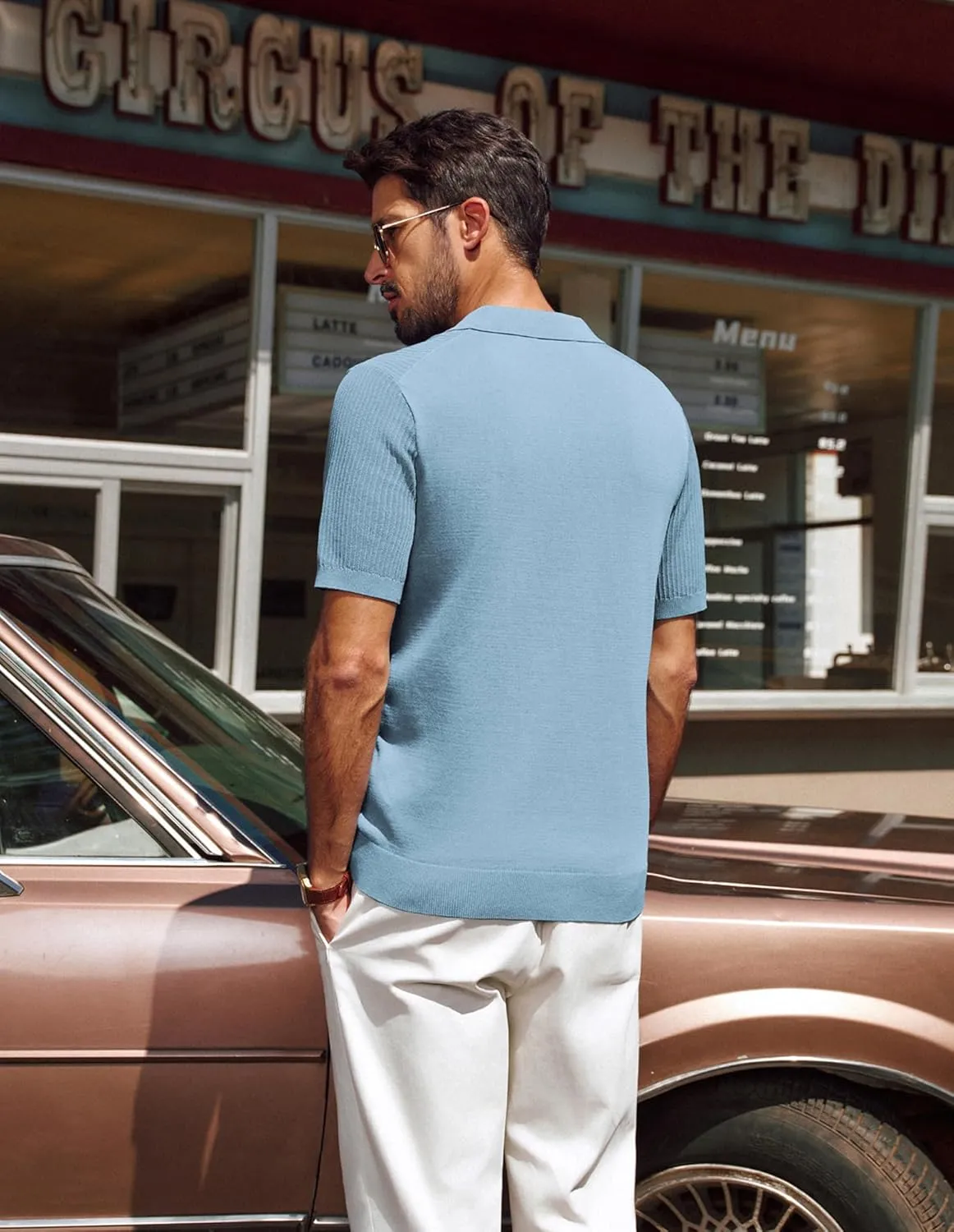 PJ PAUL JONES Men's Polo Shirts Short Sleeve V-Neck Ribbed Polo Shirt Casual Breathable Knit Polo