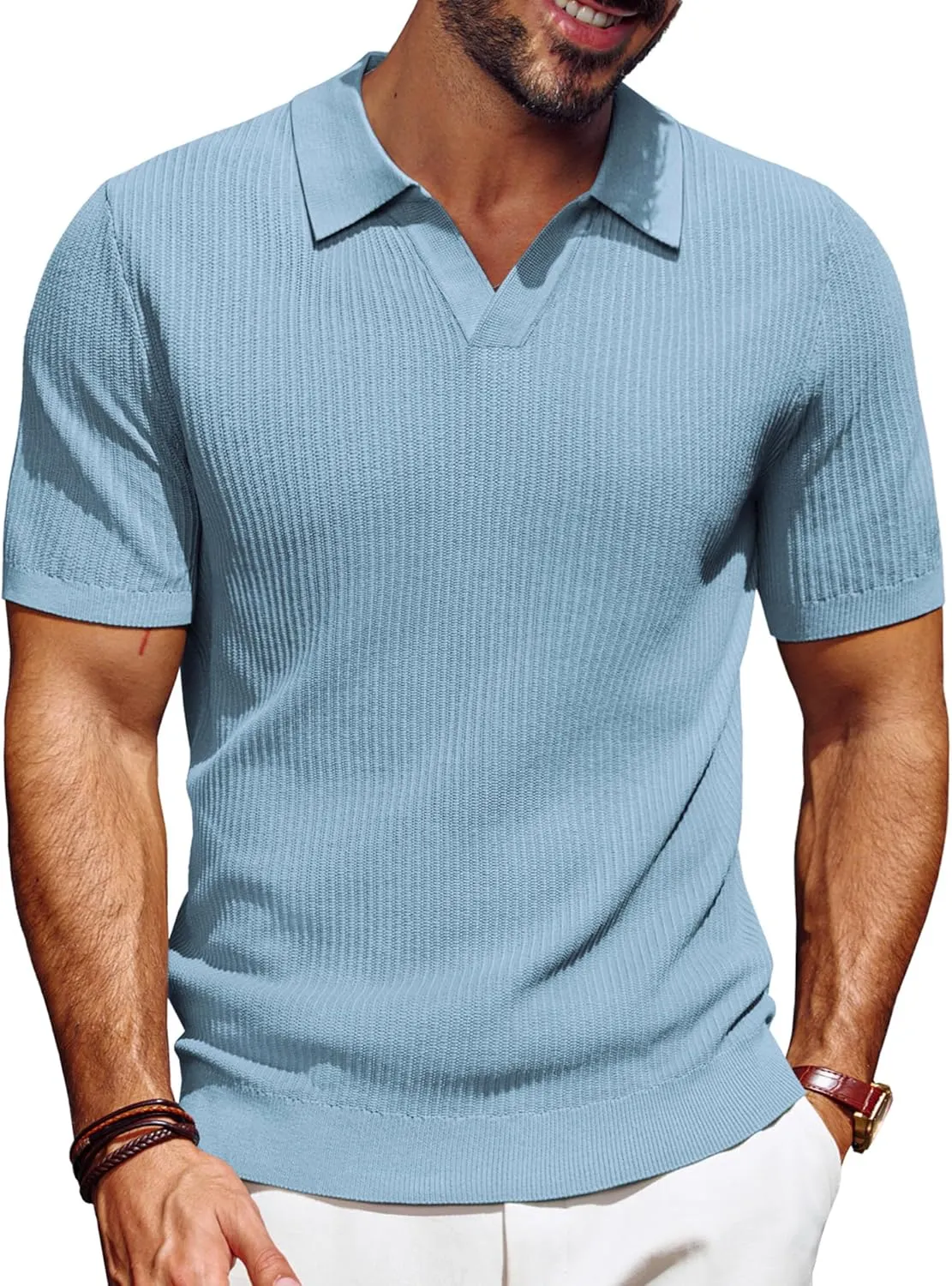 PJ PAUL JONES Men's Polo Shirts Short Sleeve V-Neck Ribbed Polo Shirt Casual Breathable Knit Polo
