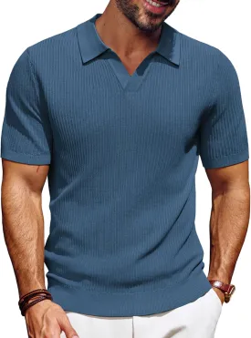 PJ PAUL JONES Men's Polo Shirts Short Sleeve V-Neck Ribbed Polo Shirt Casual Breathable Knit Polo