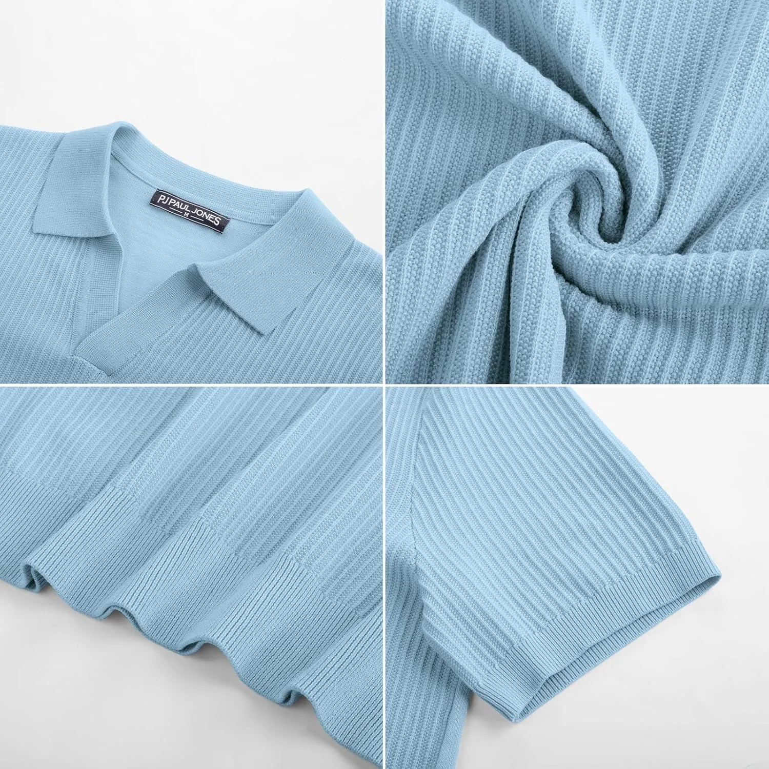 PJ PAUL JONES Men's Polo Shirts Short Sleeve V-Neck Ribbed Polo Shirt Casual Breathable Knit Polo