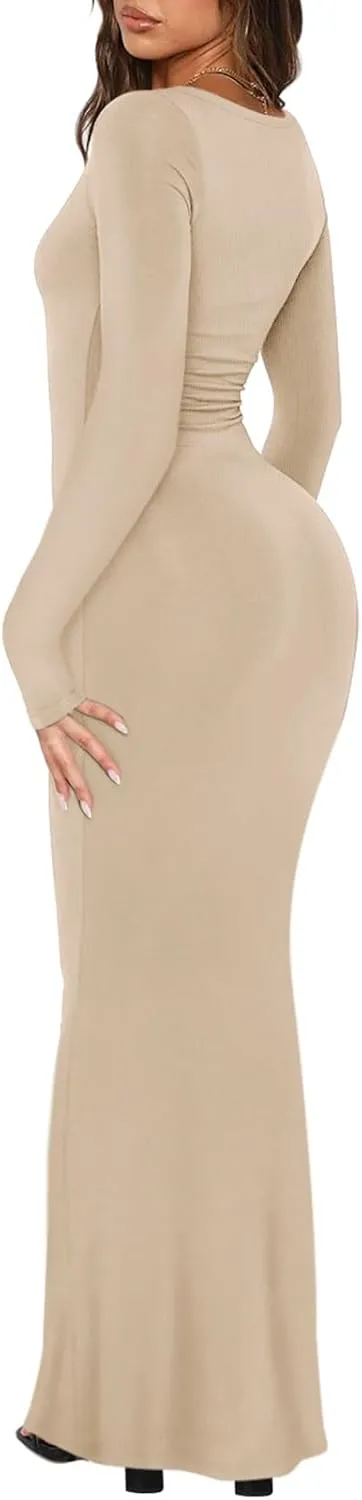 REORIA Womens Basic Sexy Square Neck Long Sleeve Soft Lounge Long Dress Fall Casual Ribbed Bodycon Maxi Dresses