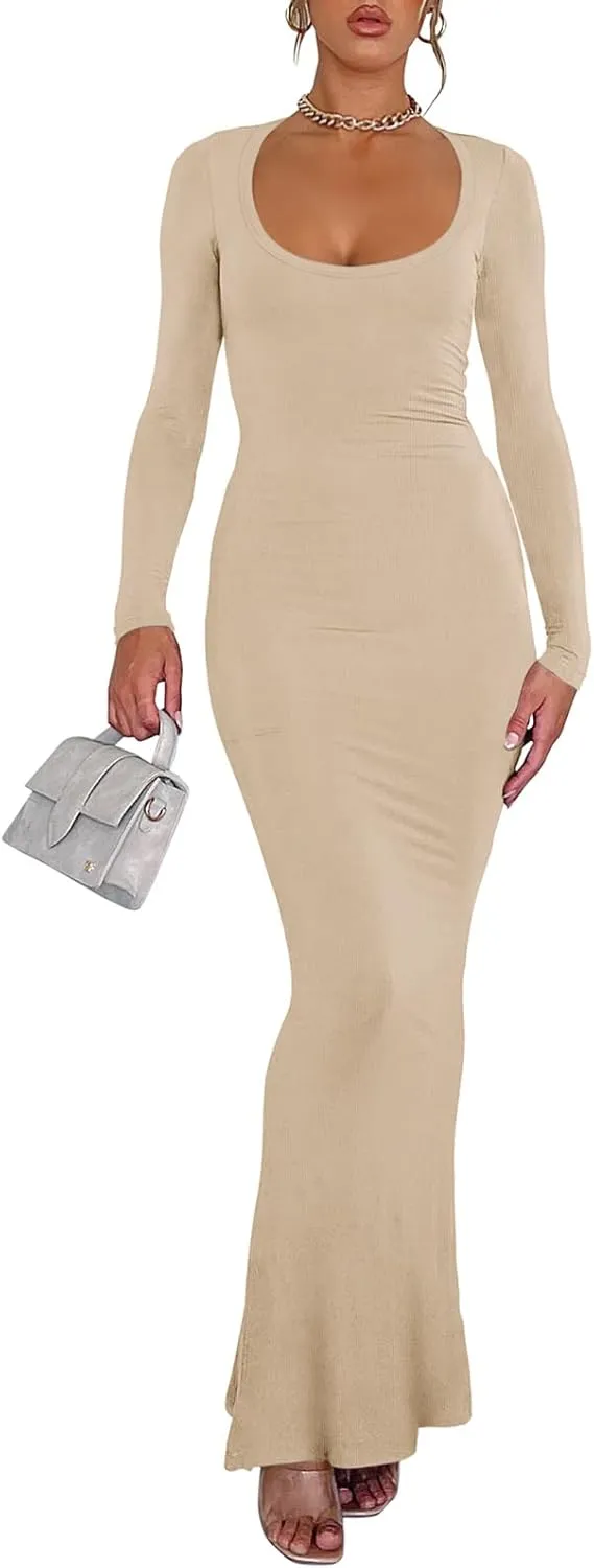 REORIA Womens Basic Sexy Square Neck Long Sleeve Soft Lounge Long Dress Fall Casual Ribbed Bodycon Maxi Dresses