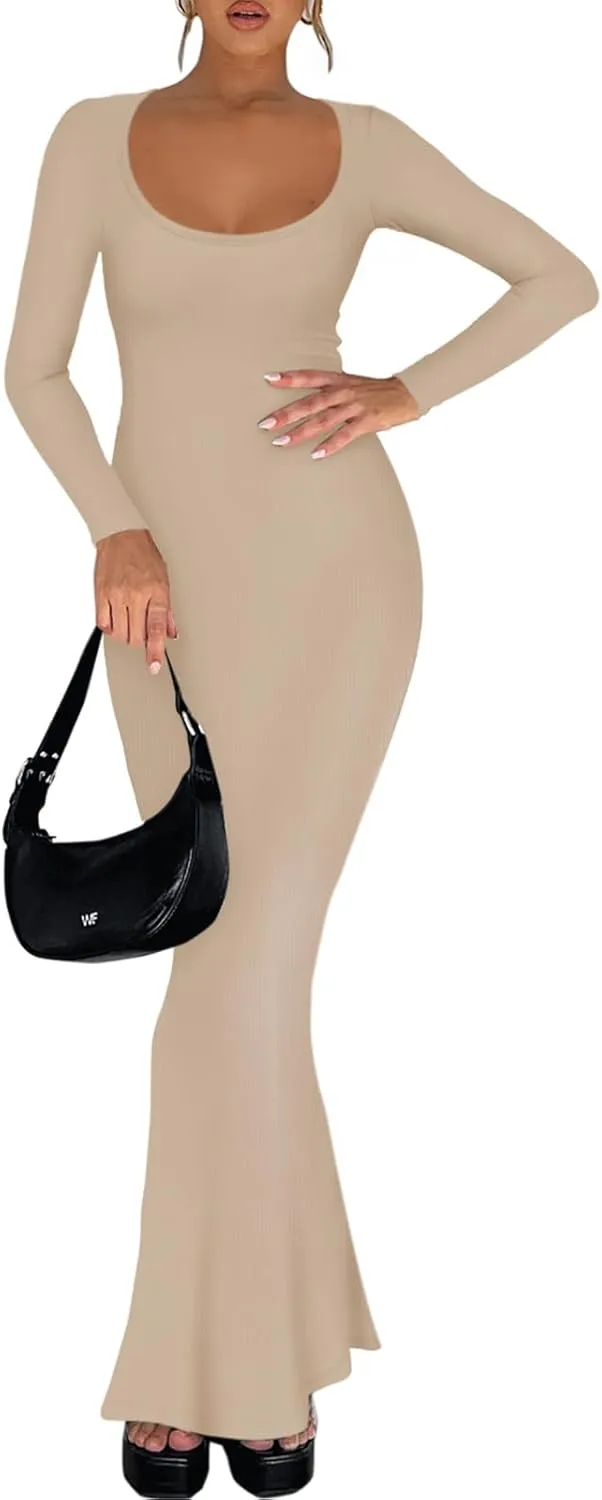 REORIA Womens Basic Sexy Square Neck Long Sleeve Soft Lounge Long Dress Fall Casual Ribbed Bodycon Maxi Dresses