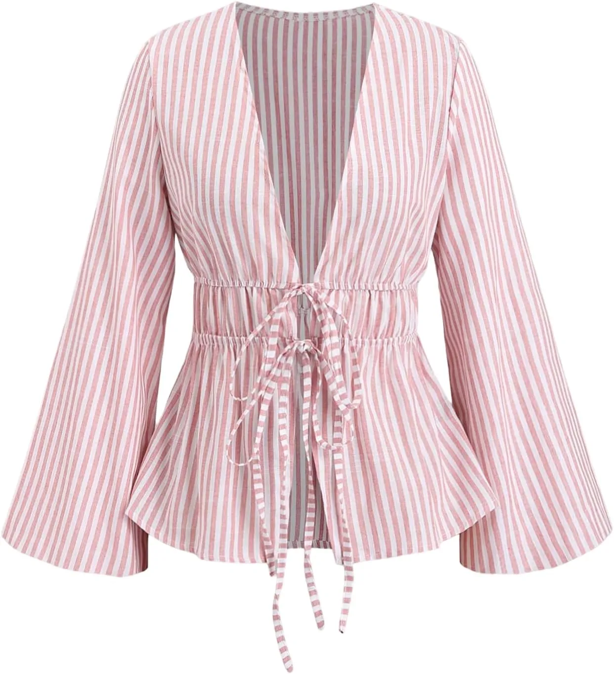 SHENHE Women's Striped Tie Front Bell Sleeve Blouse Deep V Neck Elegant Peplum Top Shirt