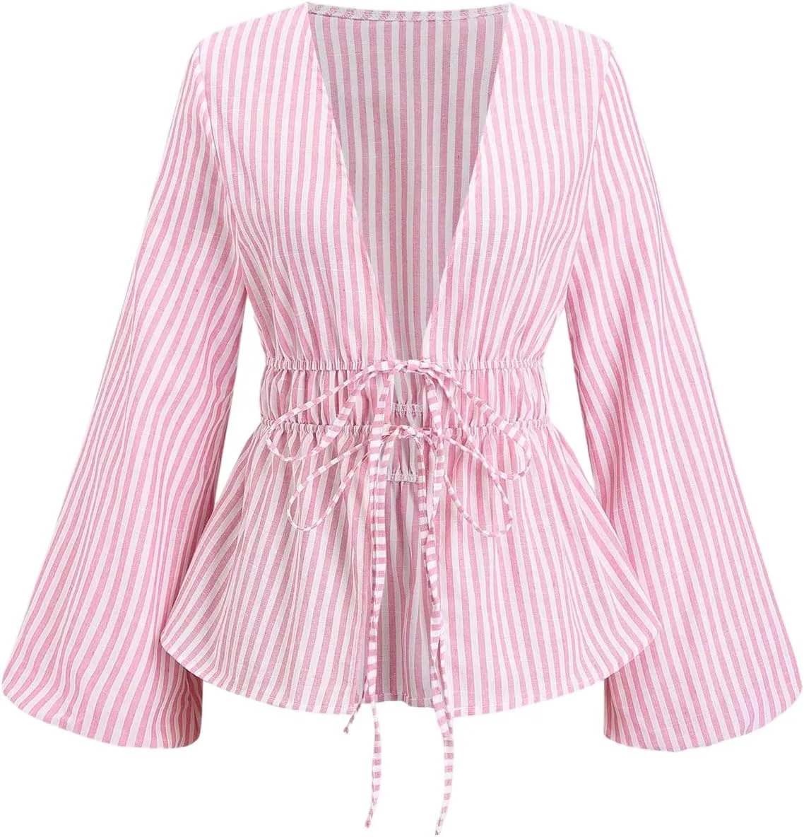 SHENHE Women's Striped Tie Front Bell Sleeve Blouse Deep V Neck Elegant Peplum Top Shirt