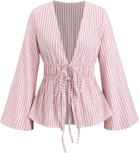 SHENHE Women's Striped Tie Front Bell Sleeve Blouse Deep V Neck Elegant Peplum Top Shirt