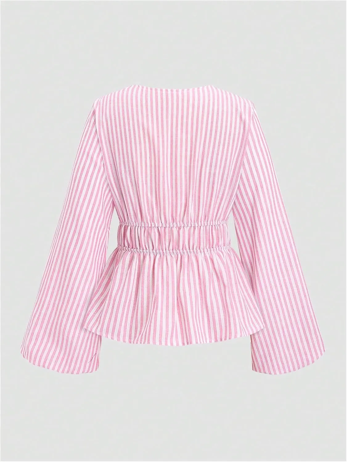 SHENHE Women's Striped Tie Front Bell Sleeve Blouse Deep V Neck Elegant Peplum Top Shirt