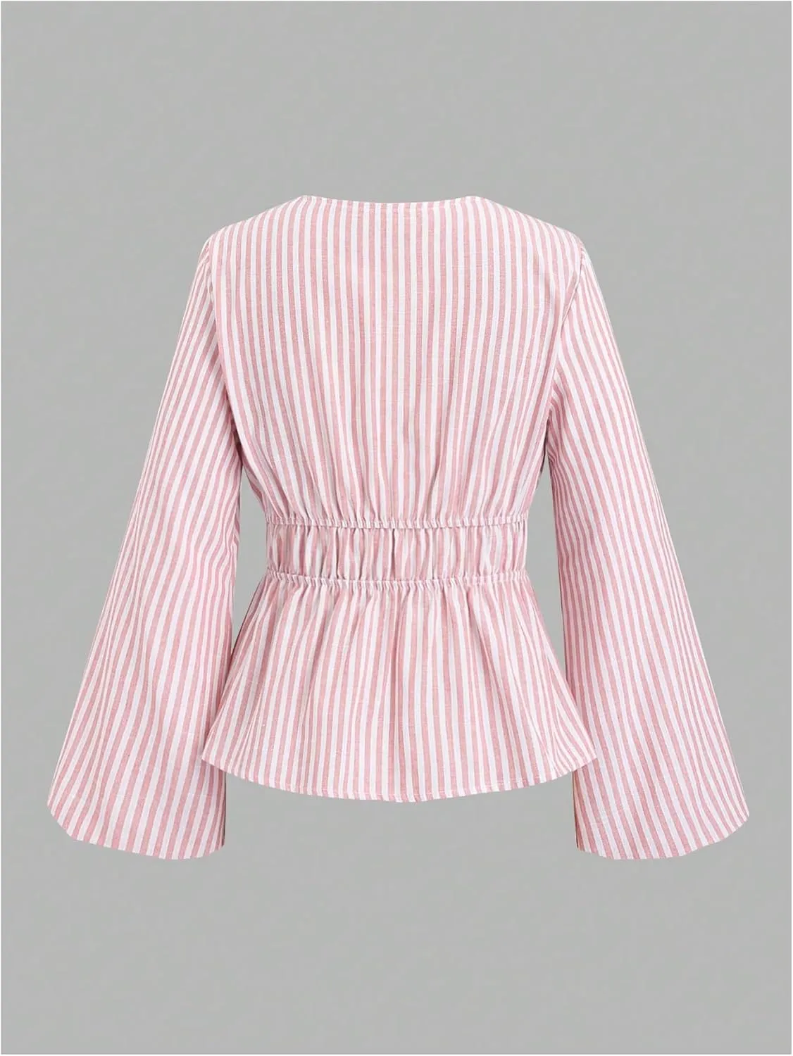SHENHE Women's Striped Tie Front Bell Sleeve Blouse Deep V Neck Elegant Peplum Top Shirt