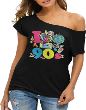 Take Me Back to The 90's T-Shirt Women Off Shoulder Vintage Neon I Love The 80's 90's Shirt 80s 90s Theme Tee Top