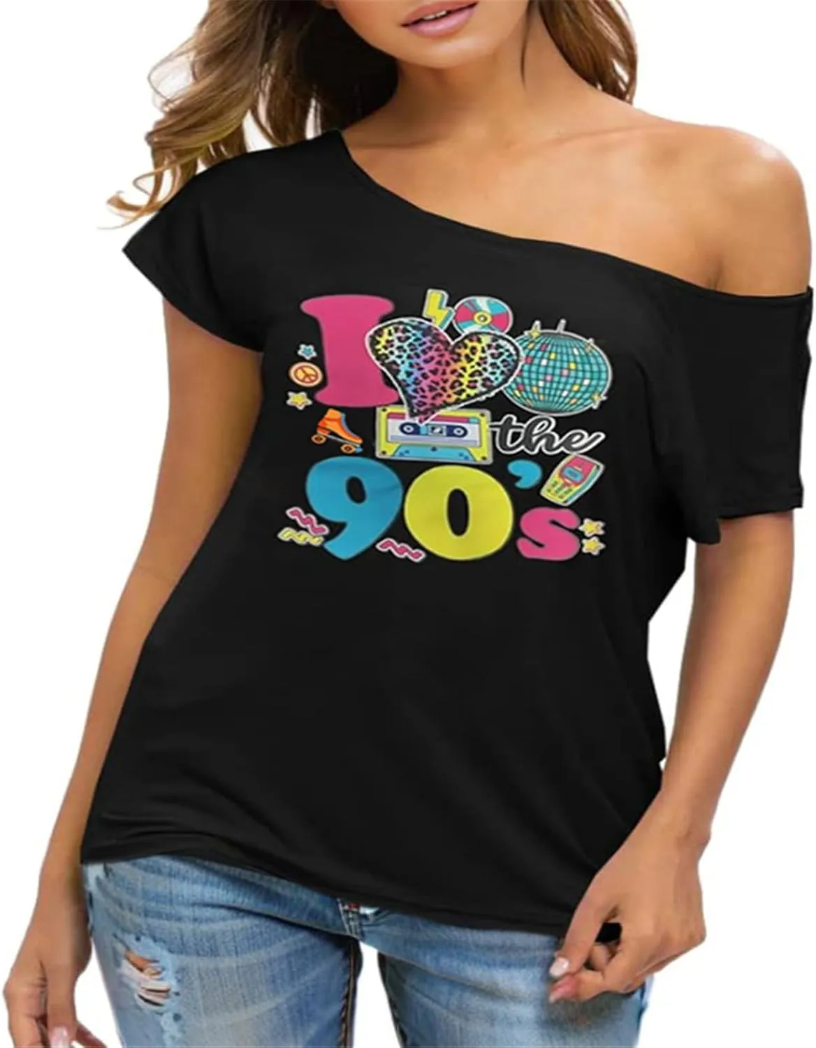 Take Me Back to The 90's T-Shirt Women Off Shoulder Vintage Neon I Love The 80's 90's Shirt 80s 90s Theme Tee Top
