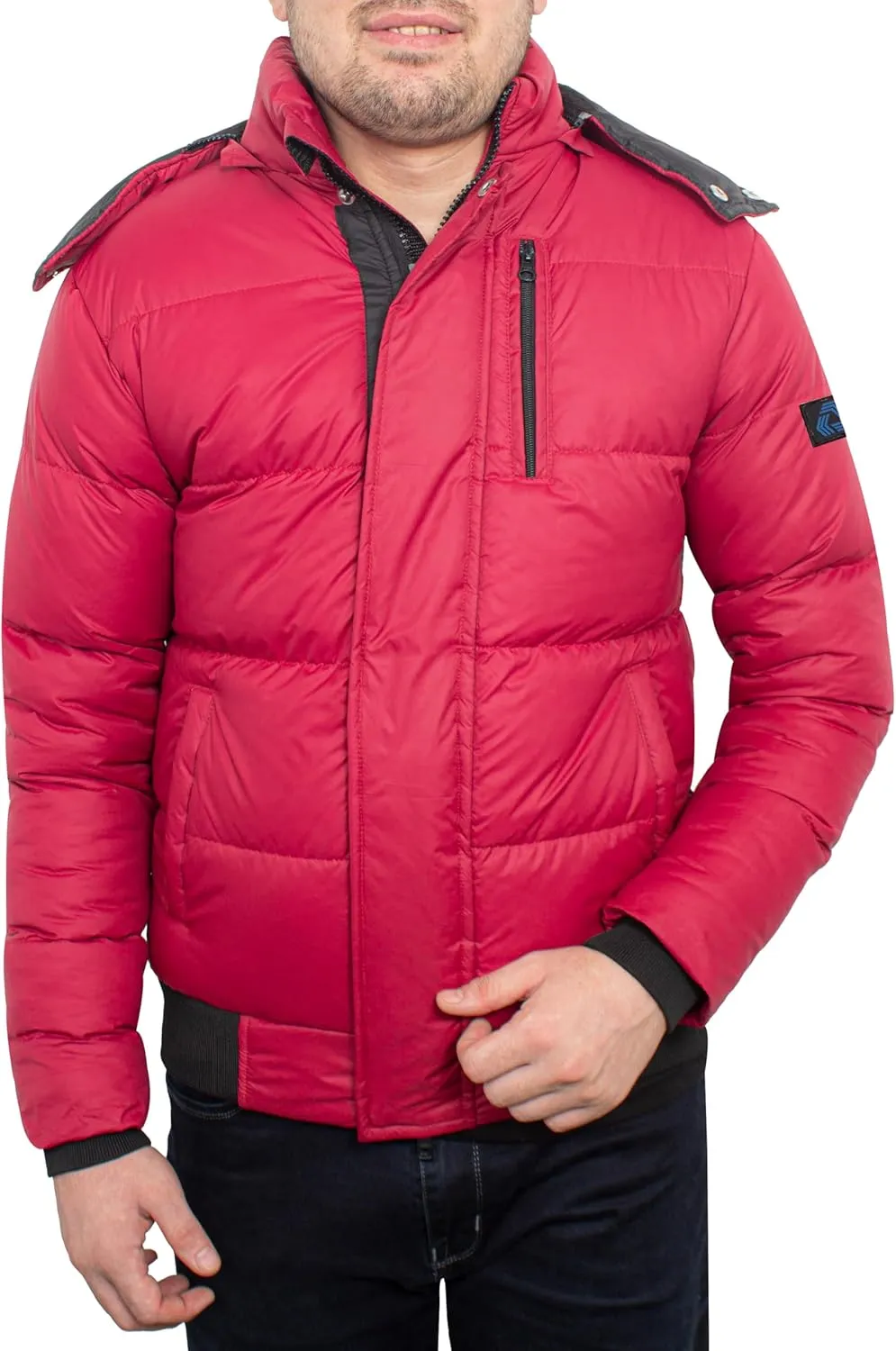 URBAN BUCK Mens Puffer Jacket with Faux Fur Trimmed Hood Midweight Winter Recycled Down Desmond Red Windproof and Water Repellent Men Climbing Coat (XXL)