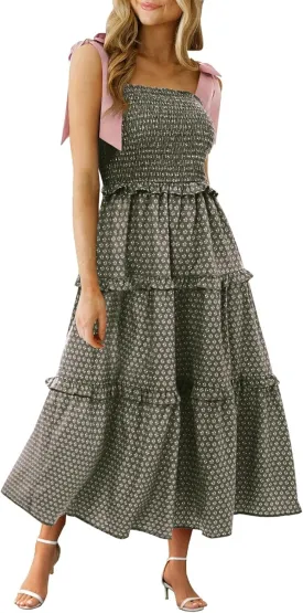 Wenrine Womens Summer Floral Maxi Dress Smocked Tie Shoulder Boho Sleeveless Ruffle Tiered Casual Beach Dresses
