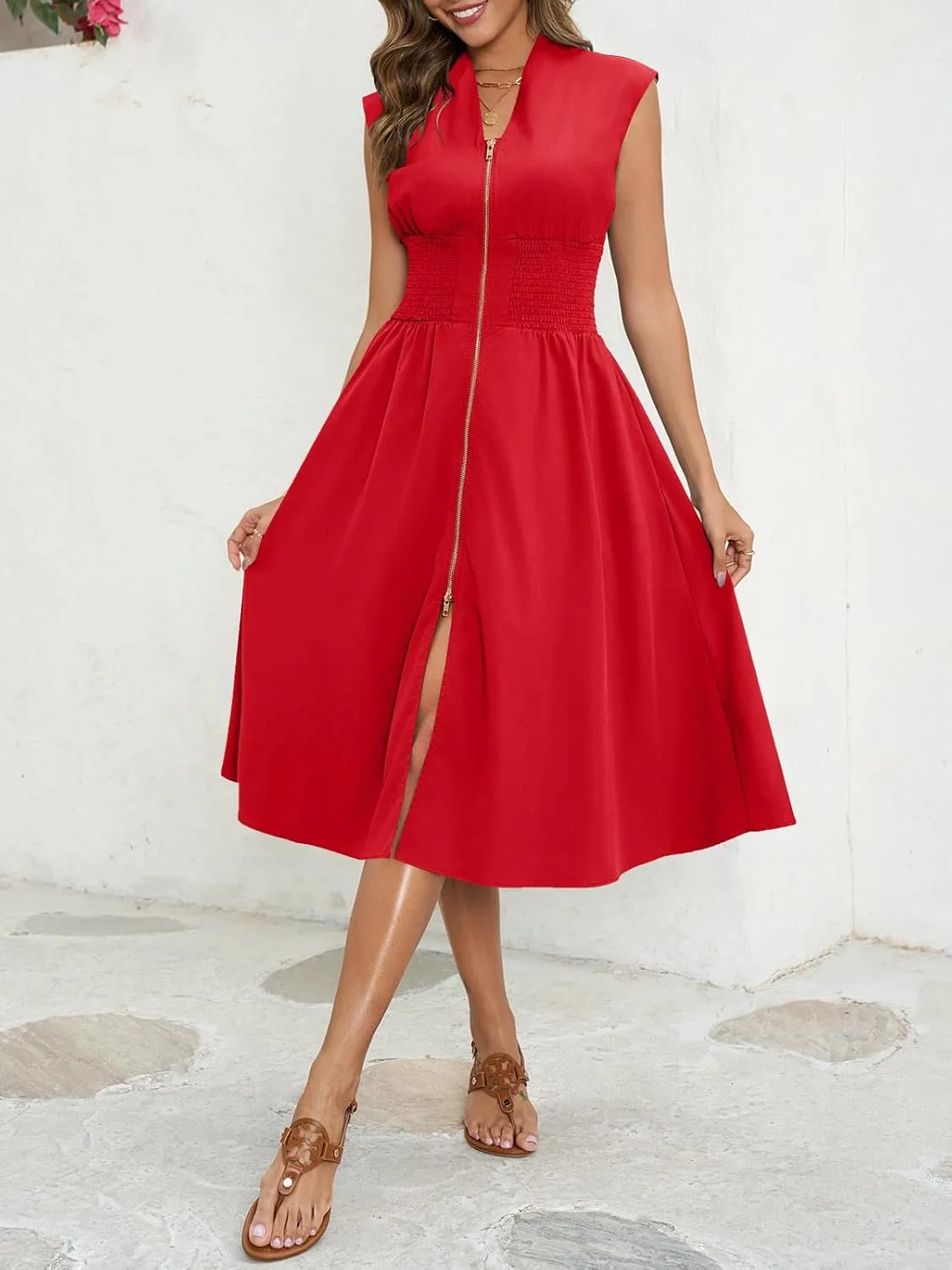 Wenrine Womens Summer Smocked Midi Dress Casual Zipper V Neck Cap Sleeve High Slit Flowy Long Dresses