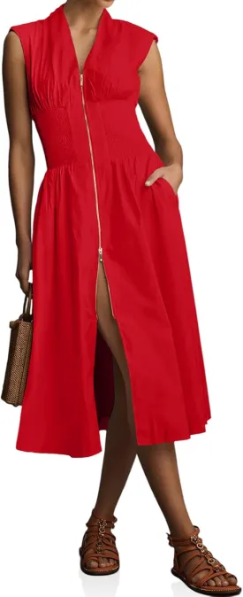 Wenrine Womens Summer Smocked Midi Dress Casual Zipper V Neck Cap Sleeve High Slit Flowy Long Dresses