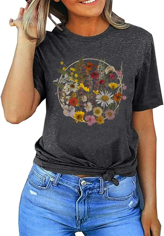 Wildflower Shirt Women Floral Boho Daisy Nature Butterfly Printed Graphic Tees Tops Garden Botanical Flowers Lover T Shirts
