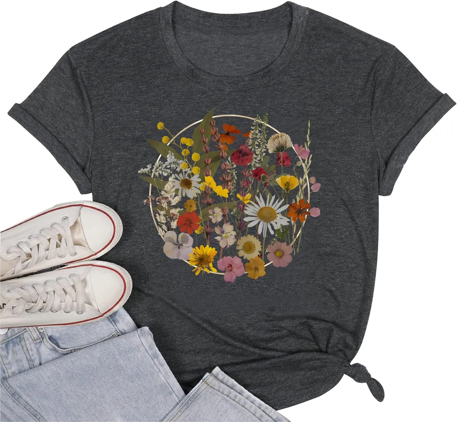 Wildflower Shirt Women Floral Boho Daisy Nature Butterfly Printed Graphic Tees Tops Garden Botanical Flowers Lover T Shirts