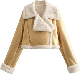Women Leather Jacket Faux Fur Moto Jacket Thicken Fleece Lined Parka Winter Shearling Fluffy Coat Cropped Bomber Jacket