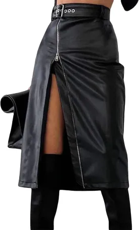 Women 's Faux Leather Pencil Skirt High Waist Button Slit Bodycon Hip-Wrapped Skirt with Belt