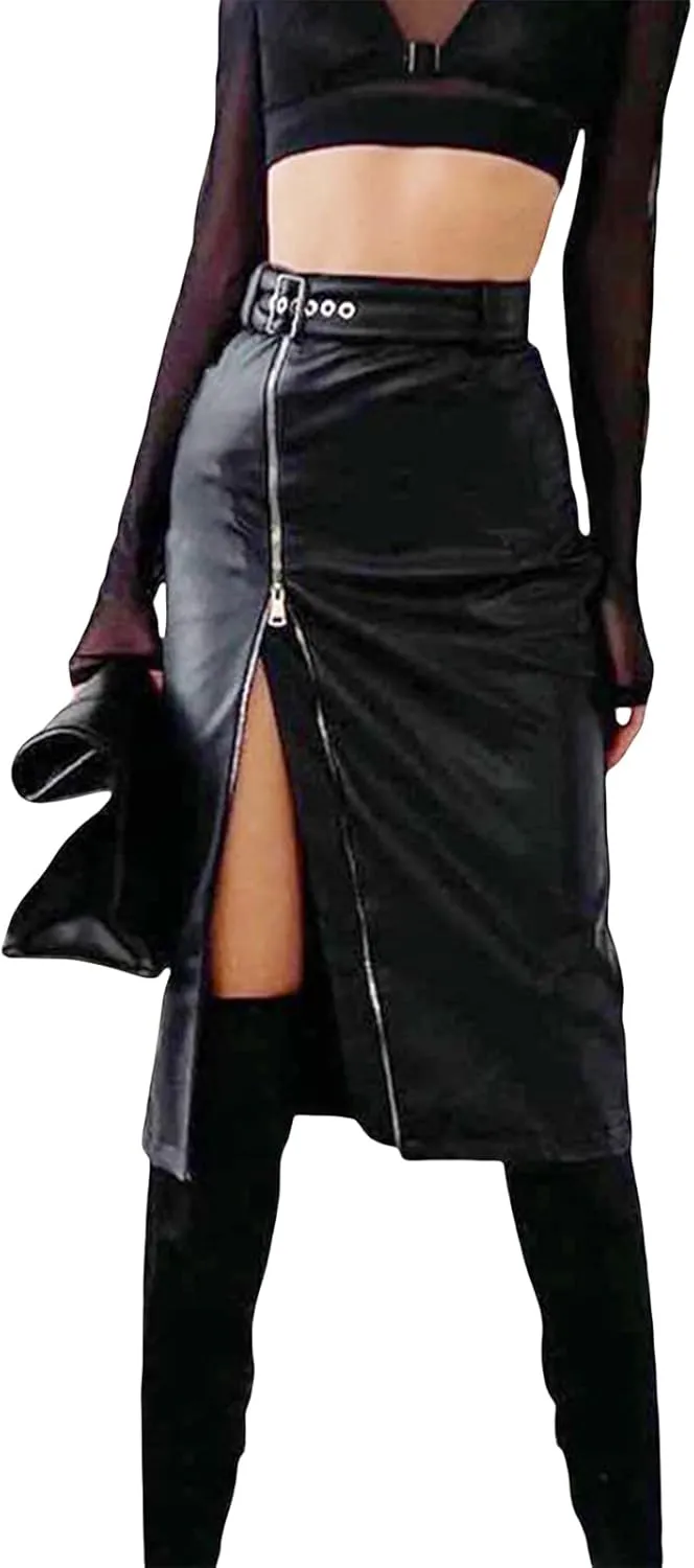 Women 's Faux Leather Pencil Skirt High Waist Button Slit Bodycon Hip-Wrapped Skirt with Belt