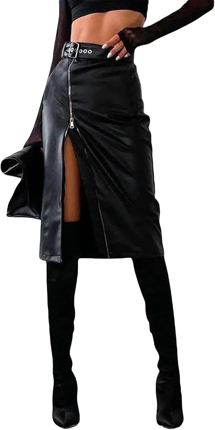 Women 's Faux Leather Pencil Skirt High Waist Button Slit Bodycon Hip-Wrapped Skirt with Belt