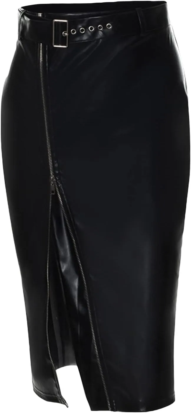 Women 's Faux Leather Pencil Skirt High Waist Button Slit Bodycon Hip-Wrapped Skirt with Belt