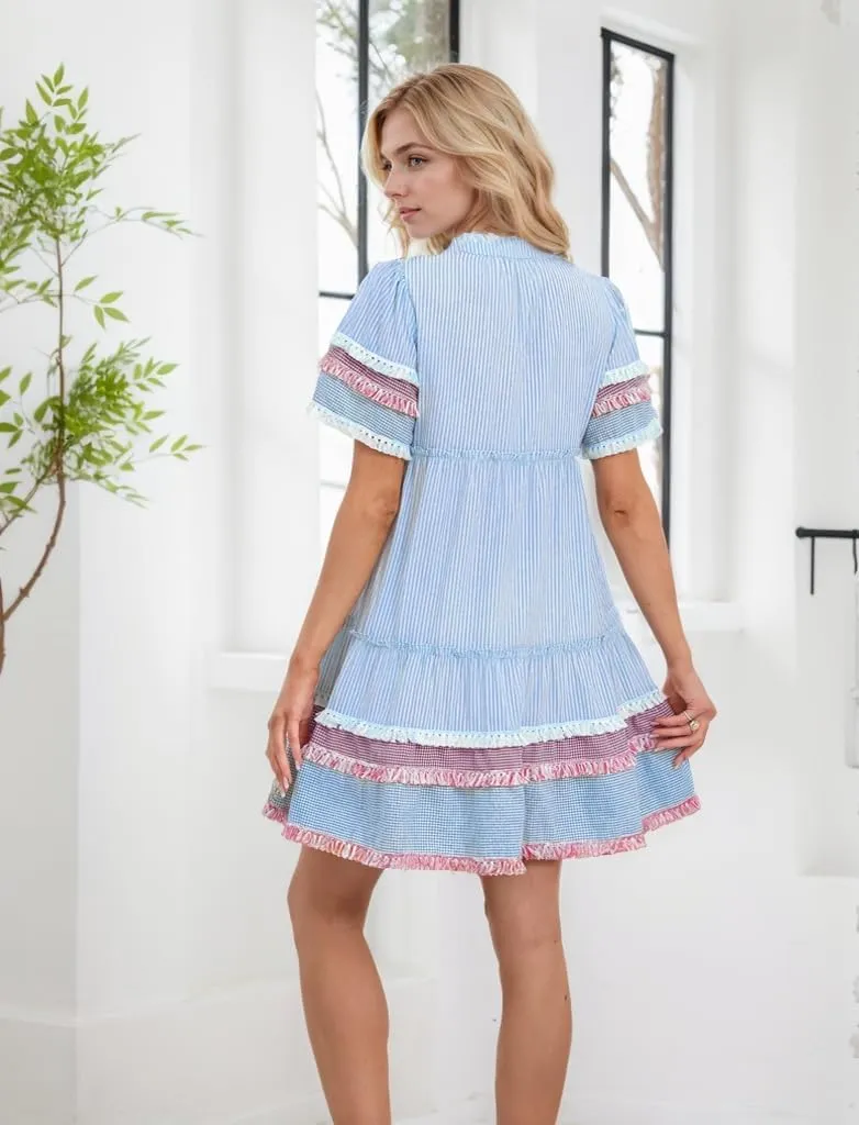 Women Striped Mini Dress V Neck A Line Flowy Fringe Hem Puff Sleeve Cute Tiered Babydoll Dress