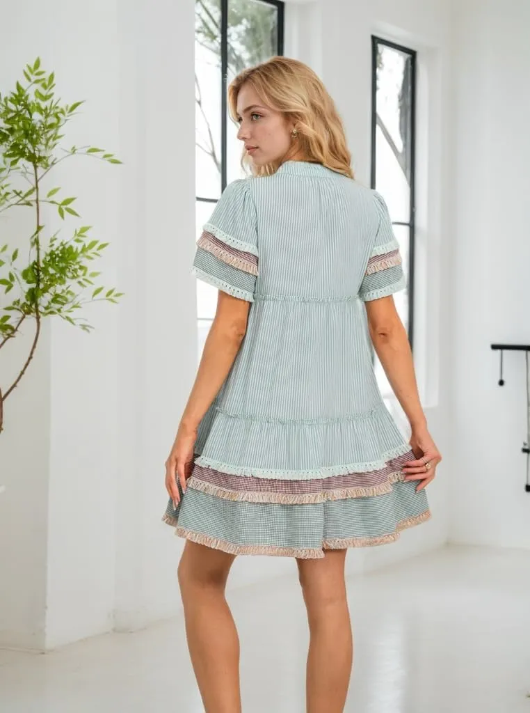 Women Striped Mini Dress V Neck A Line Flowy Fringe Hem Puff Sleeve Cute Tiered Babydoll Dress