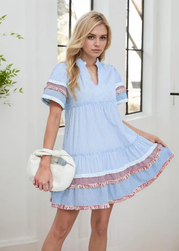Women Striped Mini Dress V Neck A Line Flowy Fringe Hem Puff Sleeve Cute Tiered Babydoll Dress