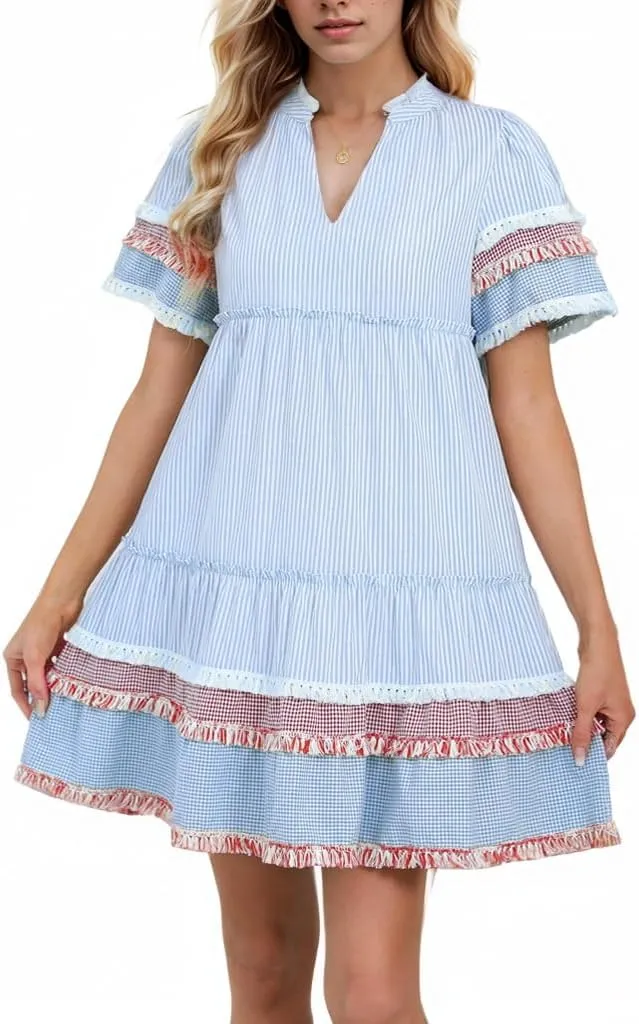 Women Striped Mini Dress V Neck A Line Flowy Fringe Hem Puff Sleeve Cute Tiered Babydoll Dress