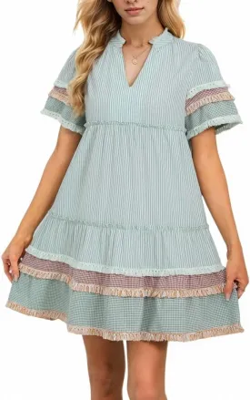 Women Striped Mini Dress V Neck A Line Flowy Fringe Hem Puff Sleeve Cute Tiered Babydoll Dress