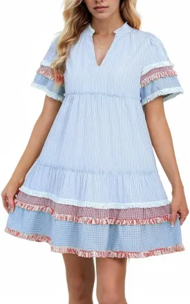 Women Striped Mini Dress V Neck A Line Flowy Fringe Hem Puff Sleeve Cute Tiered Babydoll Dress
