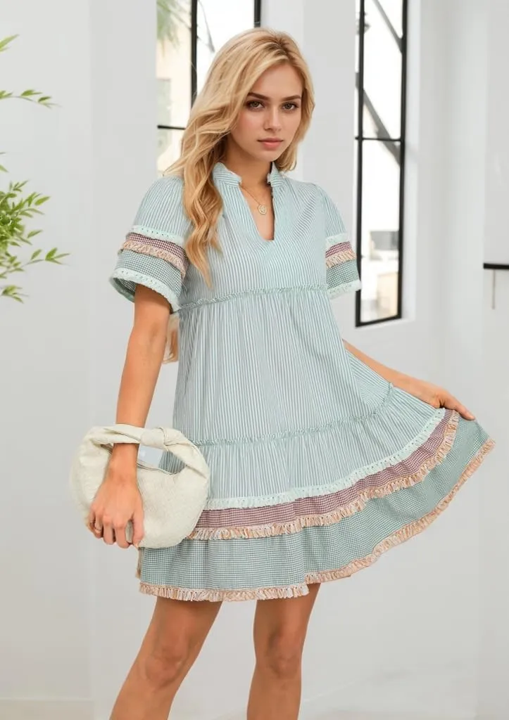 Women Striped Mini Dress V Neck A Line Flowy Fringe Hem Puff Sleeve Cute Tiered Babydoll Dress