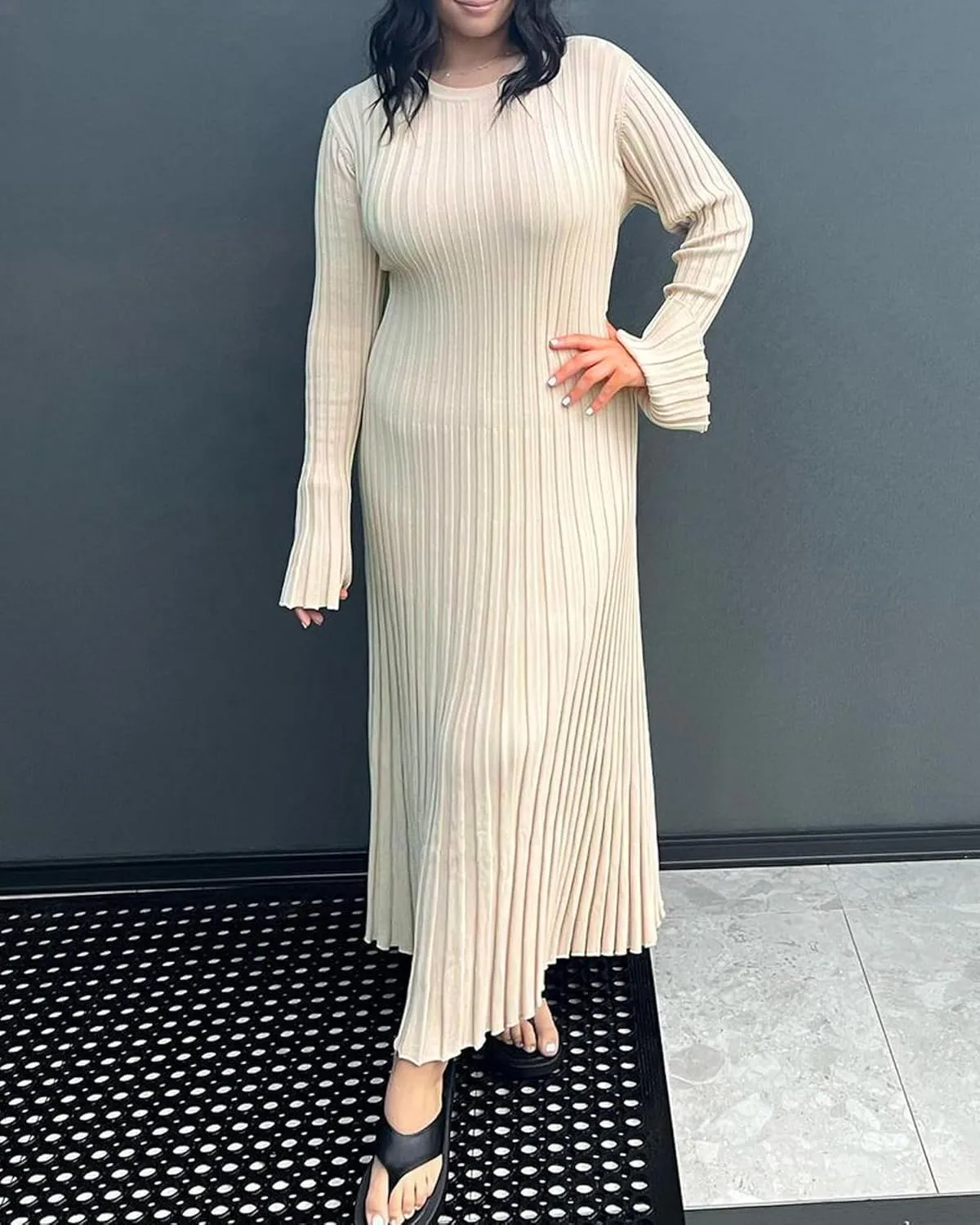 Women Y2K Bell Long Sleeve Knit Sweater Dress Crewneck Ribbed Bodycon Long Maxi Slim Fit Dress Streetwear