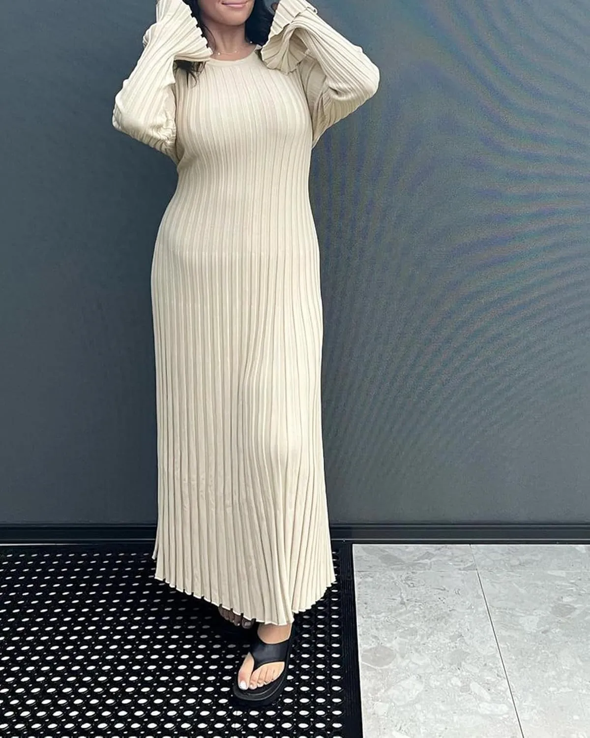 Women Y2K Bell Long Sleeve Knit Sweater Dress Crewneck Ribbed Bodycon Long Maxi Slim Fit Dress Streetwear
