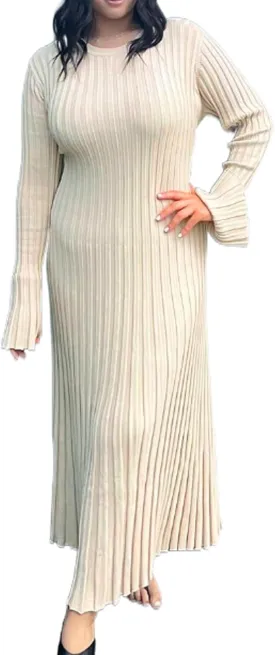 Women Y2K Bell Long Sleeve Knit Sweater Dress Crewneck Ribbed Bodycon Long Maxi Slim Fit Dress Streetwear