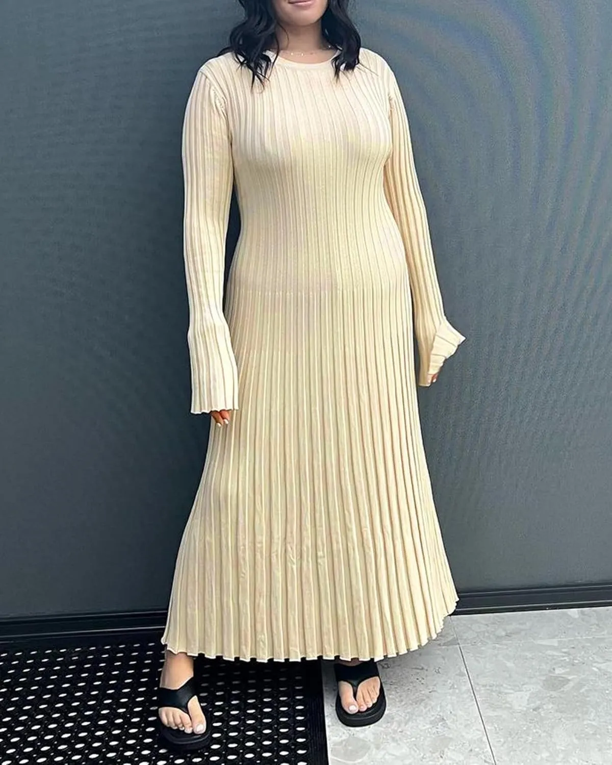 Women Y2K Bell Long Sleeve Knit Sweater Dress Crewneck Ribbed Bodycon Long Maxi Slim Fit Dress Streetwear