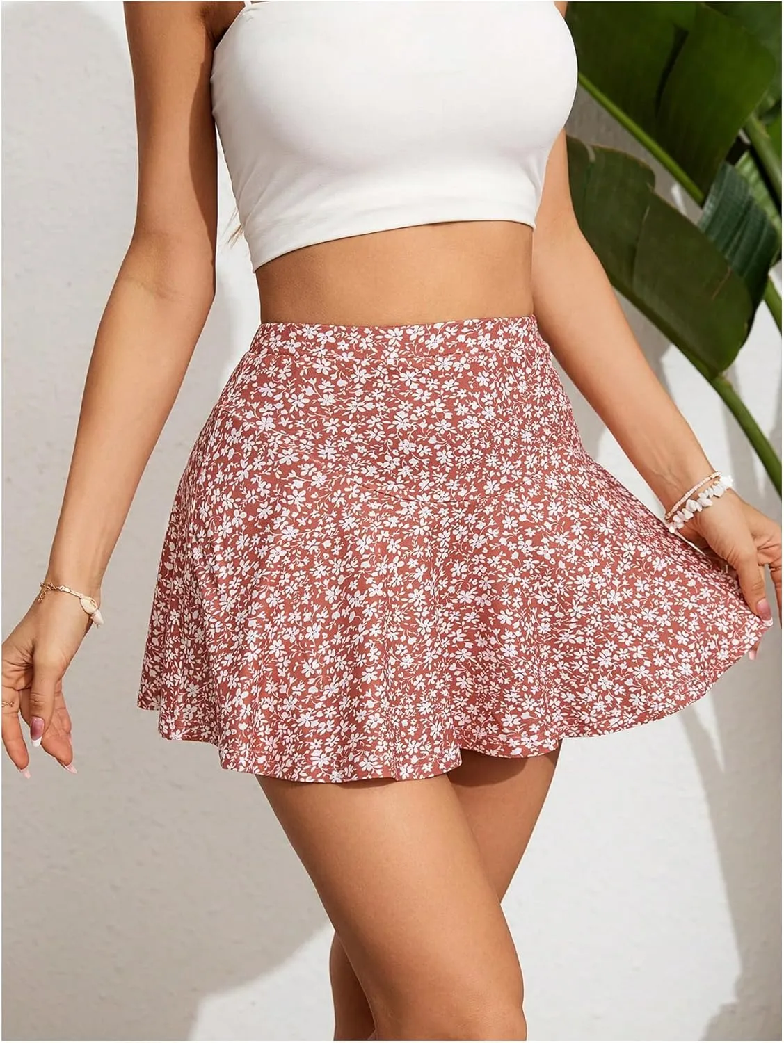 Women's Boho Floral A Line Mini Skirts High Waisted Ruffle Hem Vacation Skirt
