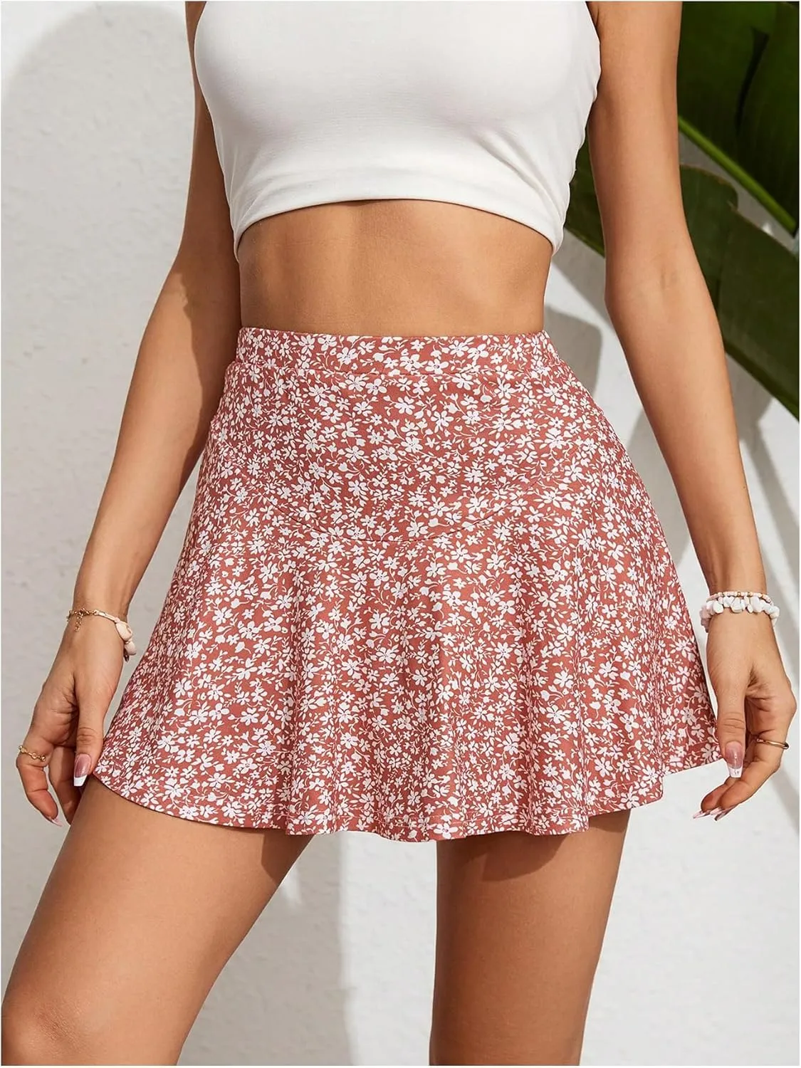 Women's Boho Floral A Line Mini Skirts High Waisted Ruffle Hem Vacation Skirt